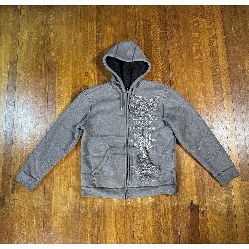 Vintage Y2K Route 66 Large Sherpa Lined Zip Hoodie Grunge Skater Gray